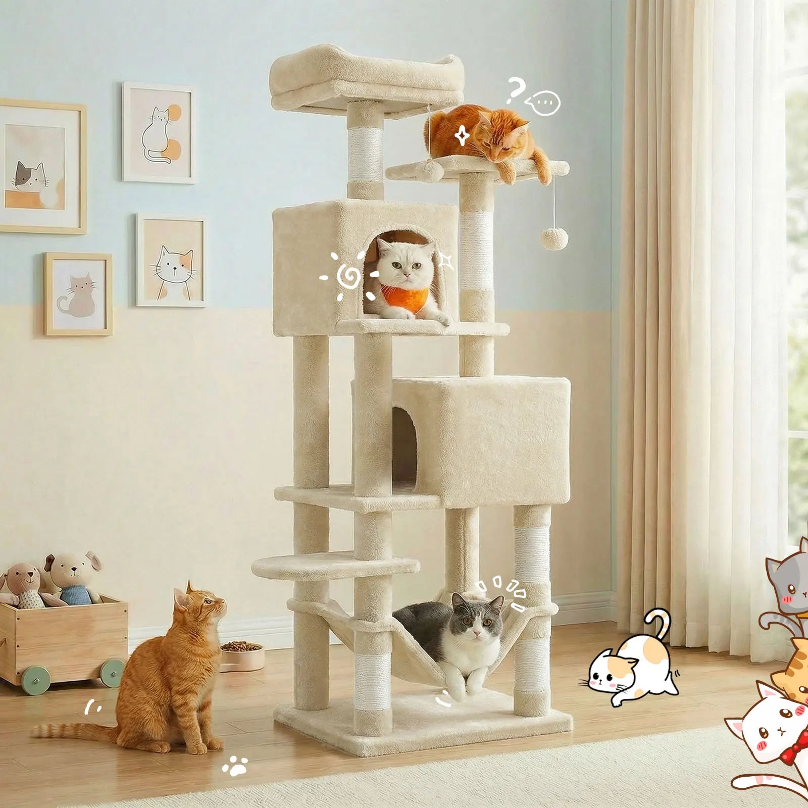 165cm Large Cat Tree Tower 7 Level Sisal Scratching Posts Hammock Padded Perches Condos for Cats