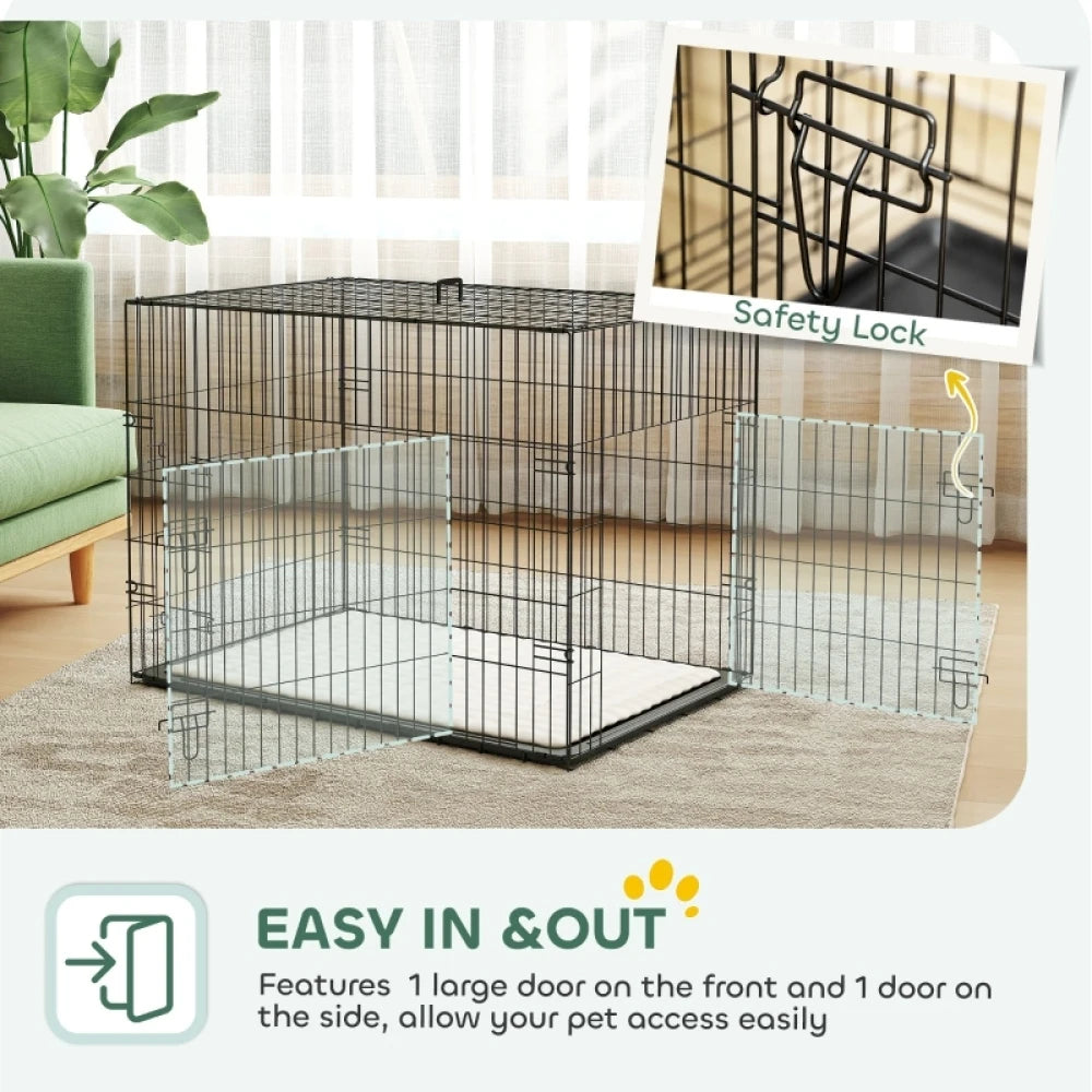 PINGGO Foldable Dog Crate 91x62x68cm 2 Doors with Tray Soft Cushion for Medium Large Dogs Black