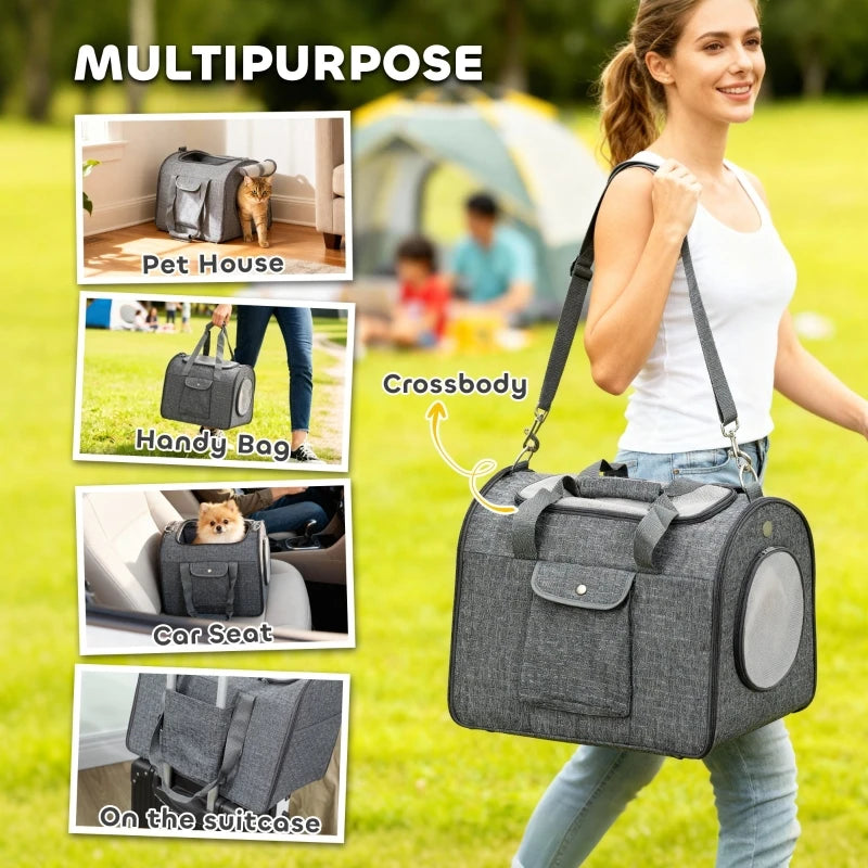 Soft Sided Cat Carrier Bag Foldable Pet Carrier with Shoulder Strap and Removable Mat Up to 10kg Dark Grey
