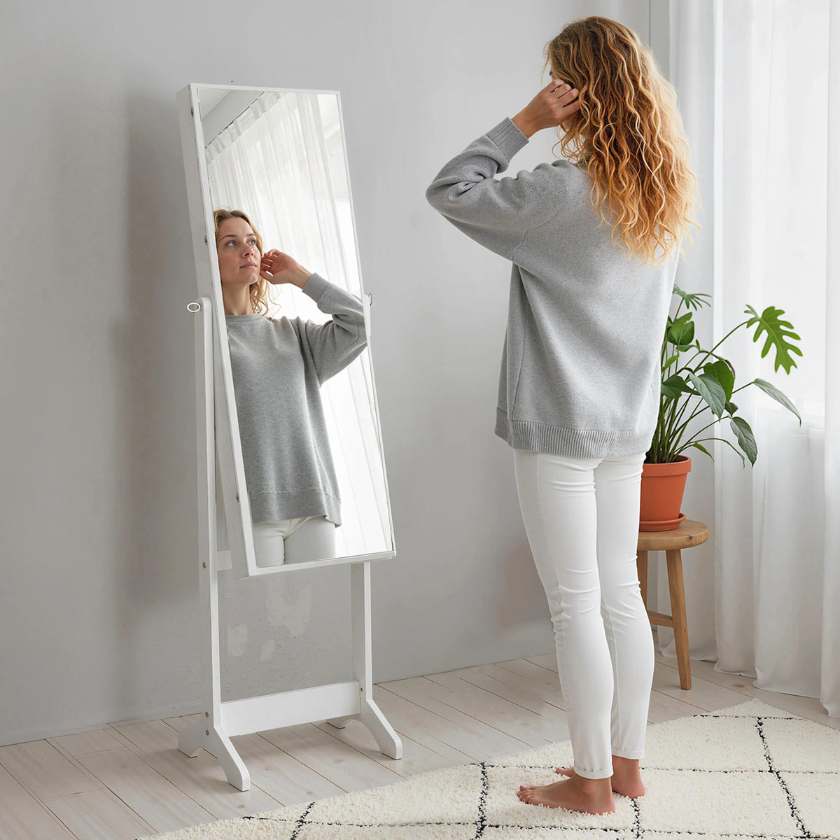 Lockable Jewellery Cabinet with Full-Length Mirror, White