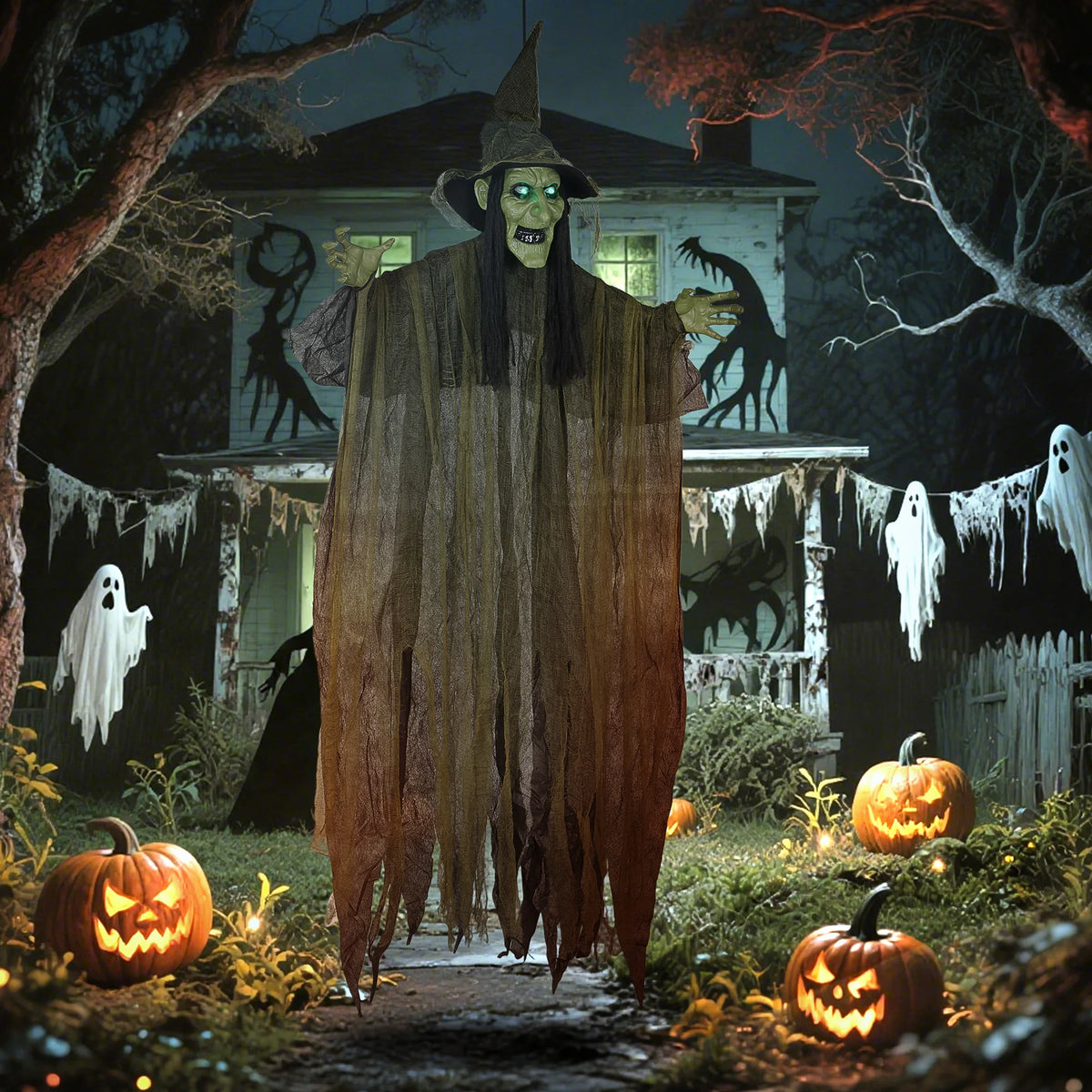 Voice Activated Halloween Animatronics Hanging Witch, Green