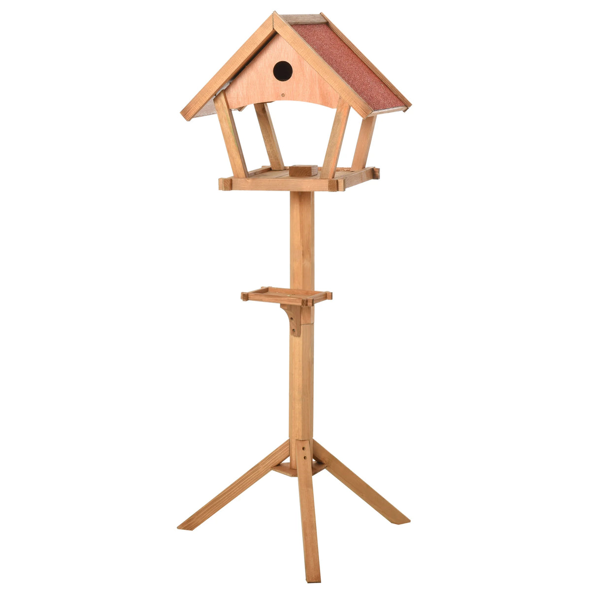 Wooden Bird Feeder Stand 49x45x139cm Fir Wood with 2 Platforms Nesting Space and Asphalt Roof Natural