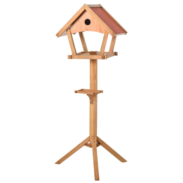 Wooden Bird Feeder Stand 49x45x139cm Fir Wood with 2 Platforms Nesting Space and Asphalt Roof Natural