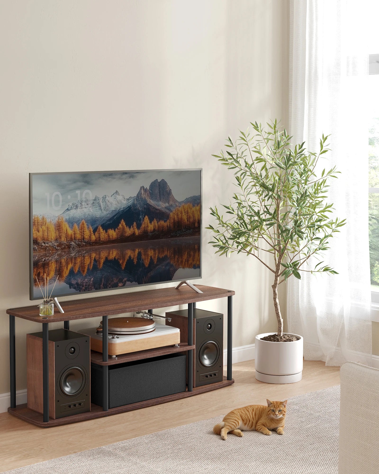50 Inch TV Stand with 3-Tier Shelves, Fabric Drawer and Tool-Free Assembly in 10 Minutes