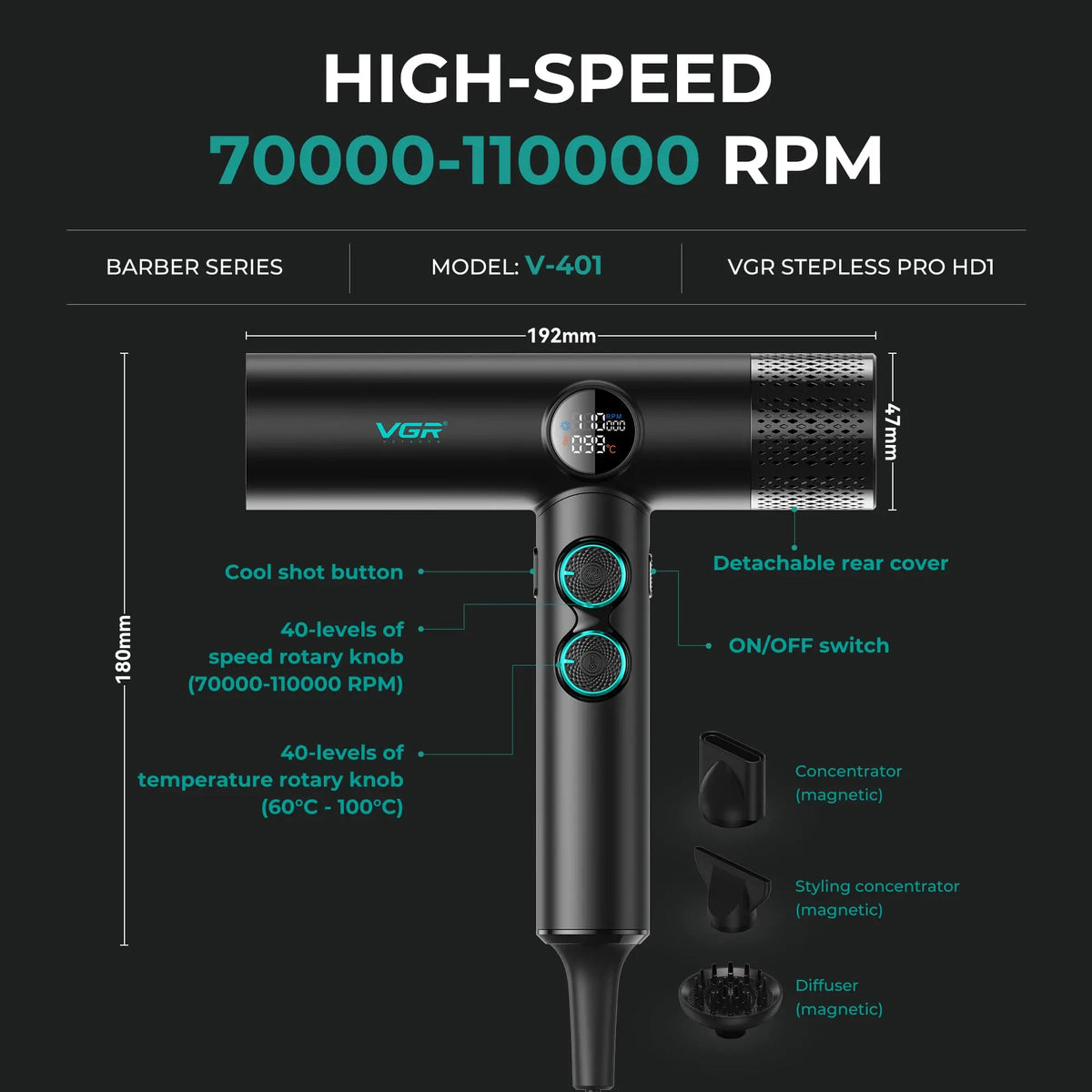 Professional Brushless Hair Dryer 1900W with Magnetic Diffuser and Nozzles, 40 Speed and Heat Levels