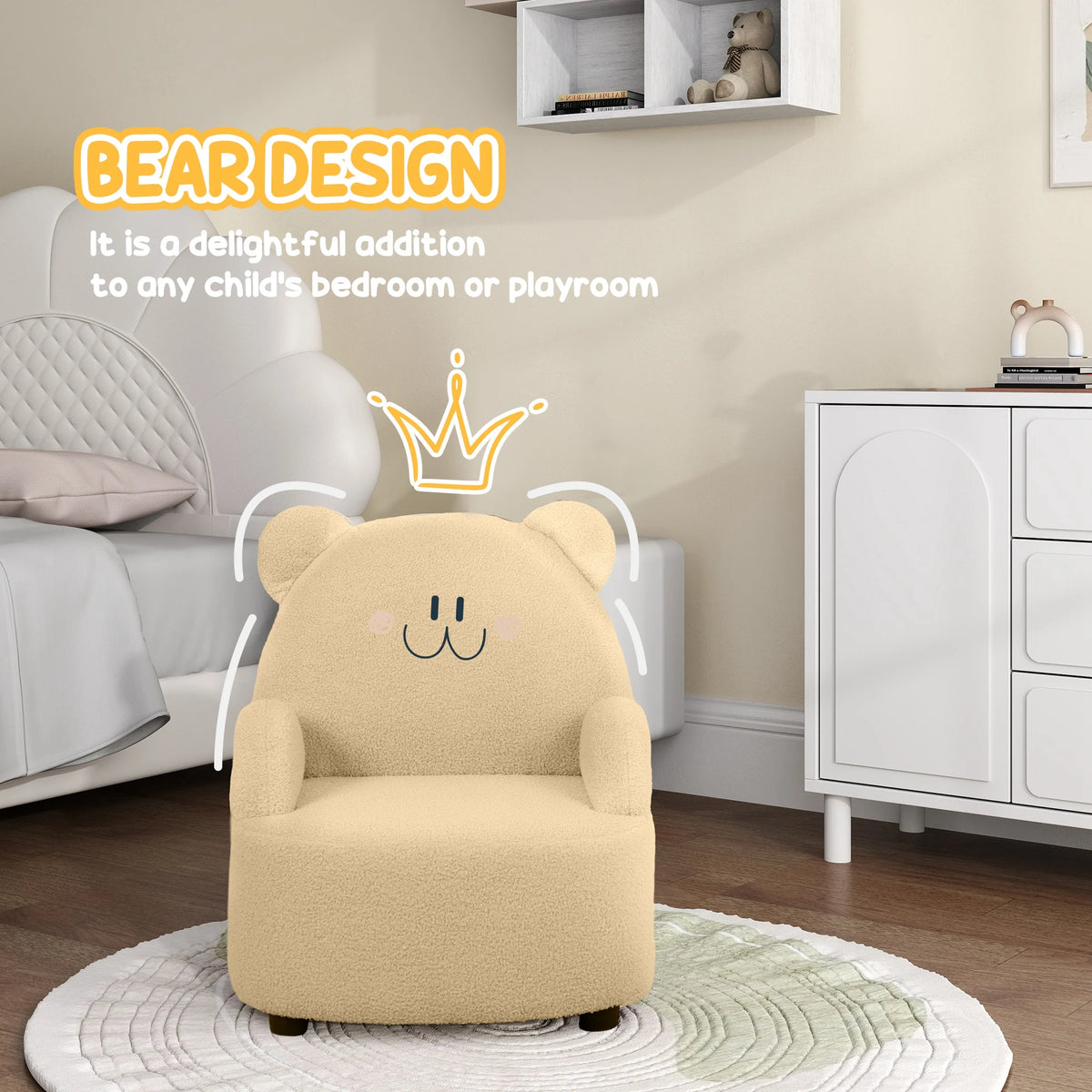Kids Bear Shaped Armchair 52x48x59cm Teddy Fleece Toddler Chair with Ears for Ages 18 Months to 3 Years
