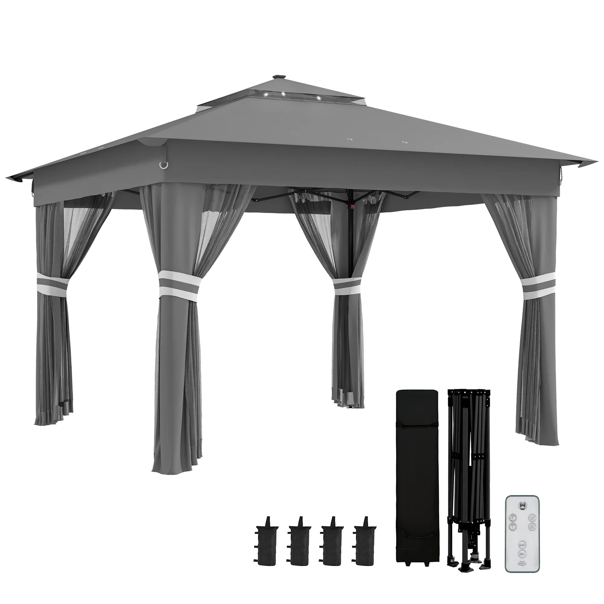 3 x 3m Pop-Up Gazebo with 20 Solar LED Lights, Mosquito Netting, Weight Bags and Wheeled Carry Bag