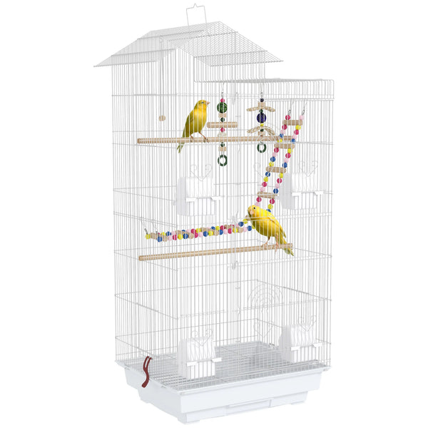 Tall Bird Cage for Budgies Finches and Canaries with Swing Ladder Toys Perches and Removable Tray White