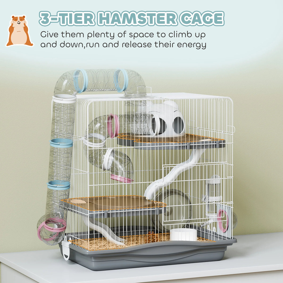 3 Tier Hamster Cage 45x30x45cm with 14 Tubes Exercise Wheel and 9cm Deep Base for Dwarf Hamsters Grey