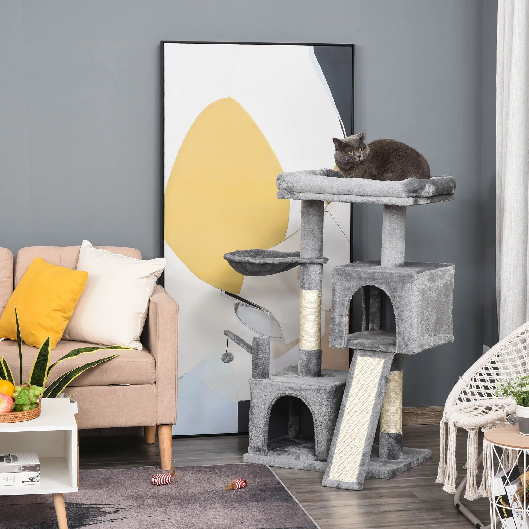 111cm Cat Tree Tower with 2 Condos Hammock Scratching Posts Ramp Pad Top Perch Bed and Toy for Indoor Cats Grey