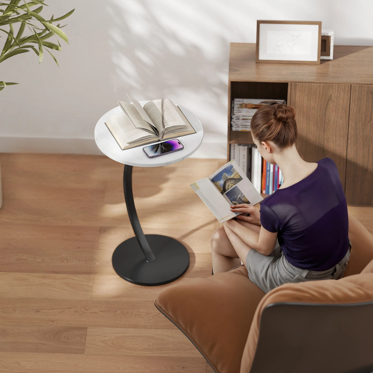 C-Shaped Round Side Table with Marble-Effect Top, White