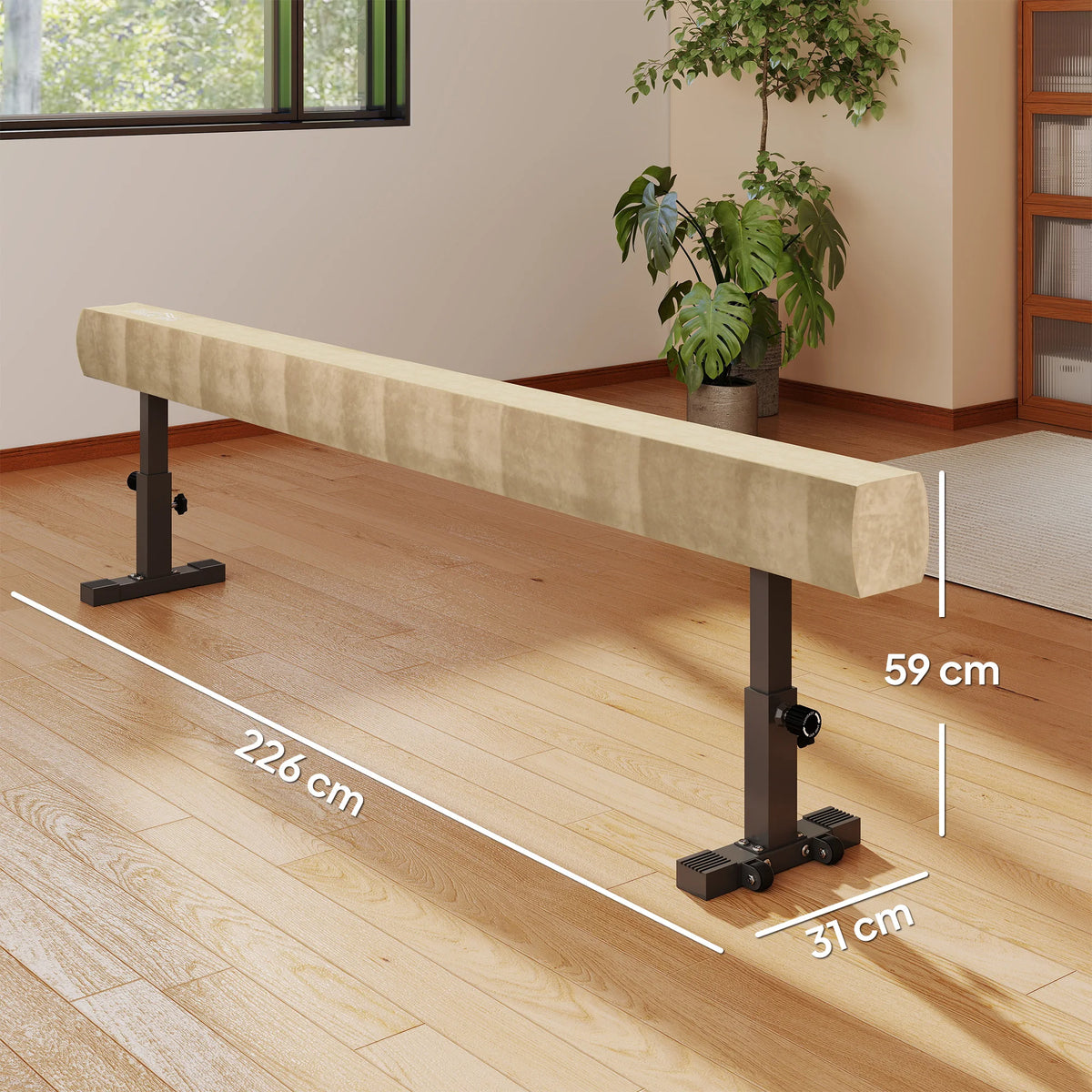 226cm Adjustable Gymnastics Balance Beam with Wheels, Suede-Feel Cover