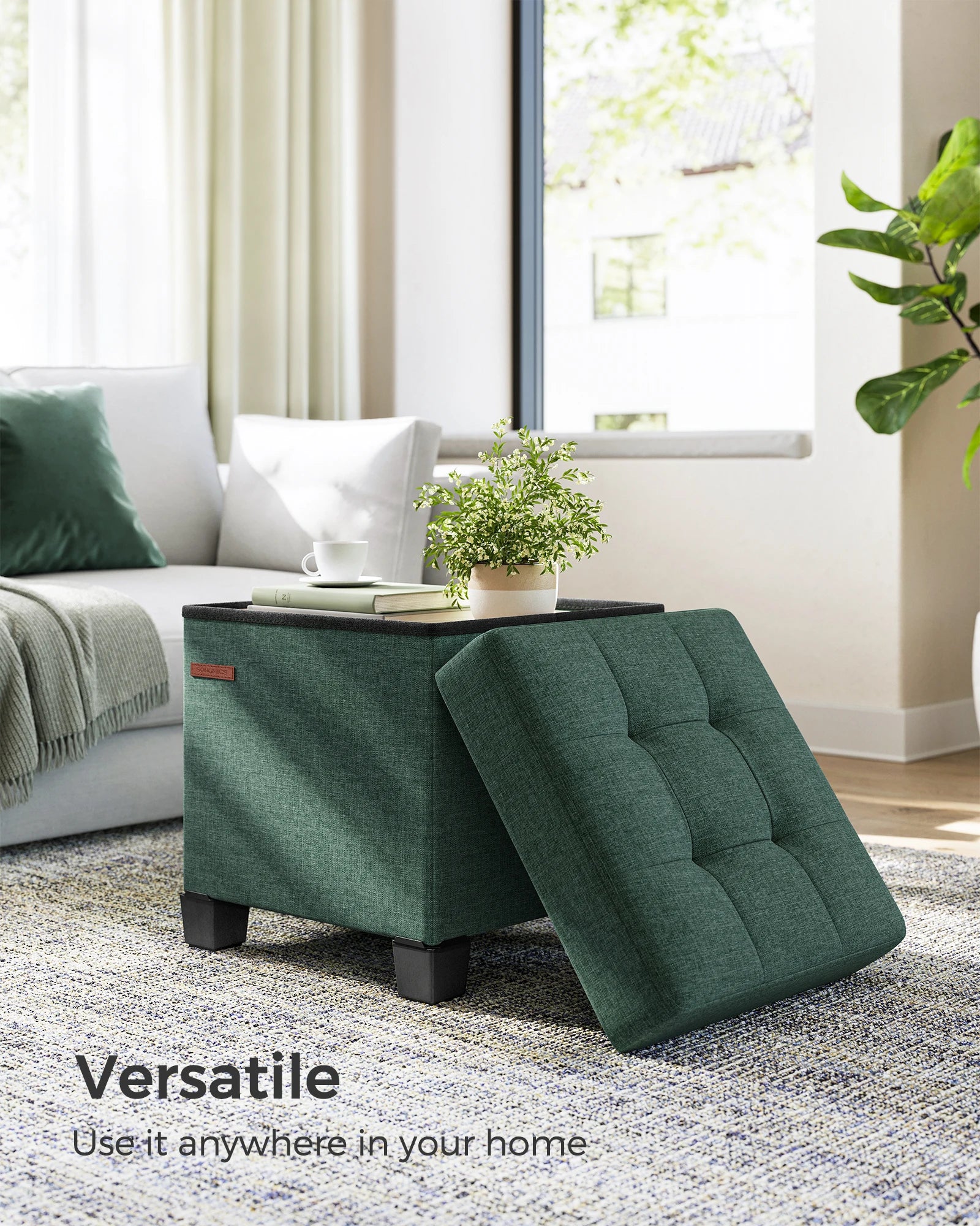Foldable Storage Ottoman Footstool 38x38cm | 300kg Capacity Tufted Linen Look Seat with 37L Storage