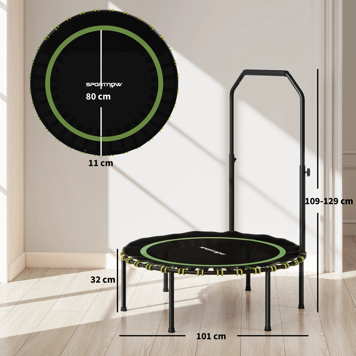 40'' Foldable Fitness Trampoline, Mini Trampoline Bungee Rebounder with 5-Level Adjustable Handle for Adults Indoor Outdoor