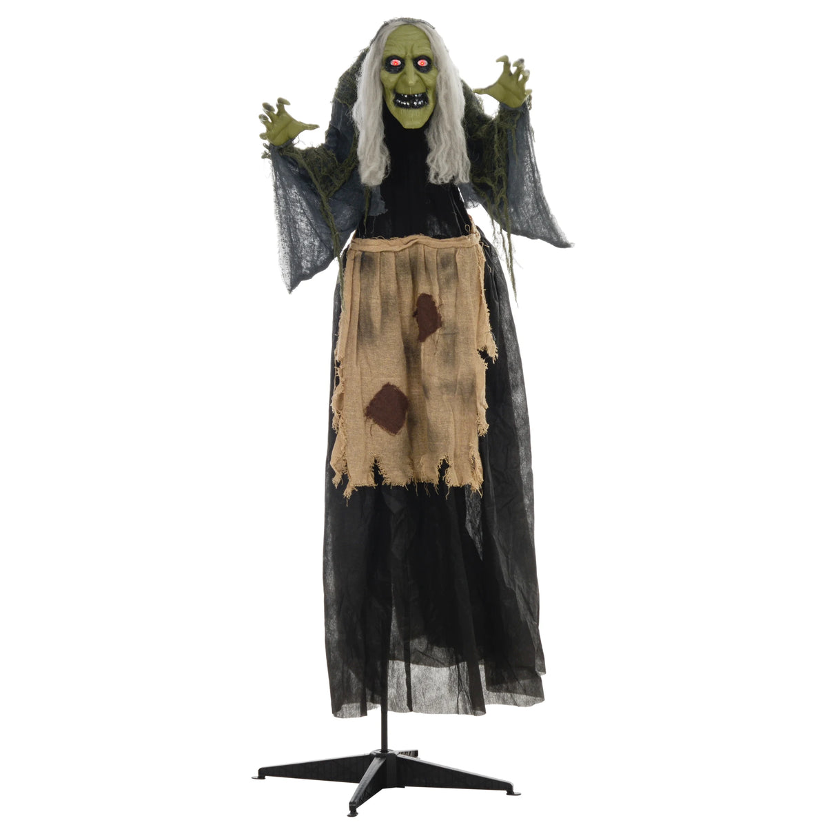 Hunchback witch Halloween animatronic prop with glowing red eyes