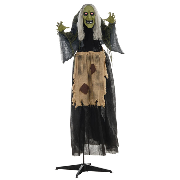 Hunchback witch Halloween animatronic prop with glowing red eyes