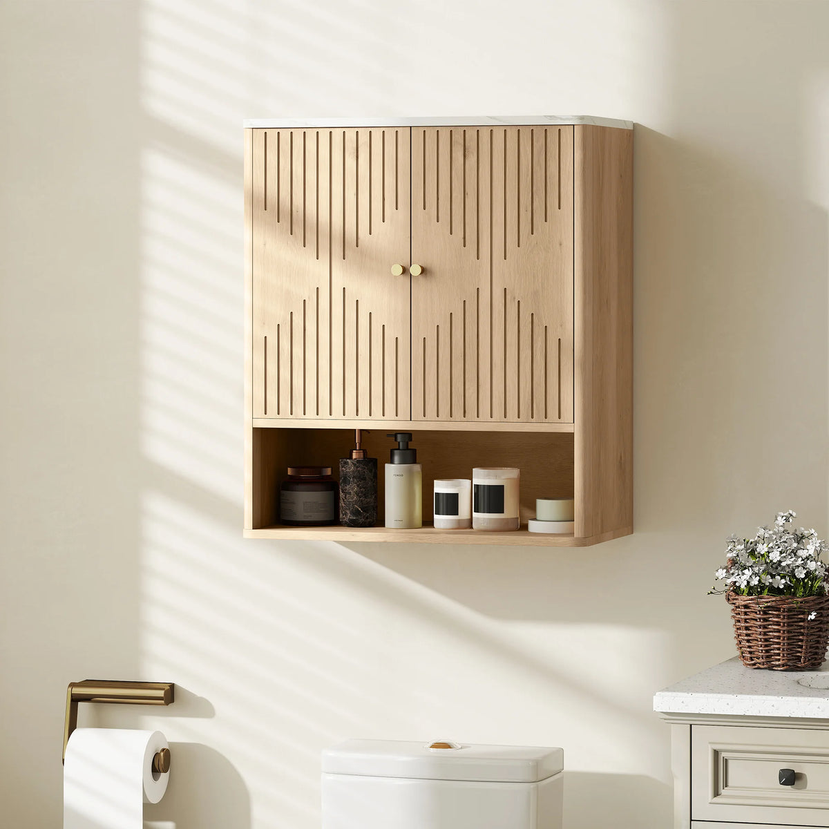 Wall-Mounted Bathroom Cabinet with Adjustable Shelf and Open Shelf, Oak and White