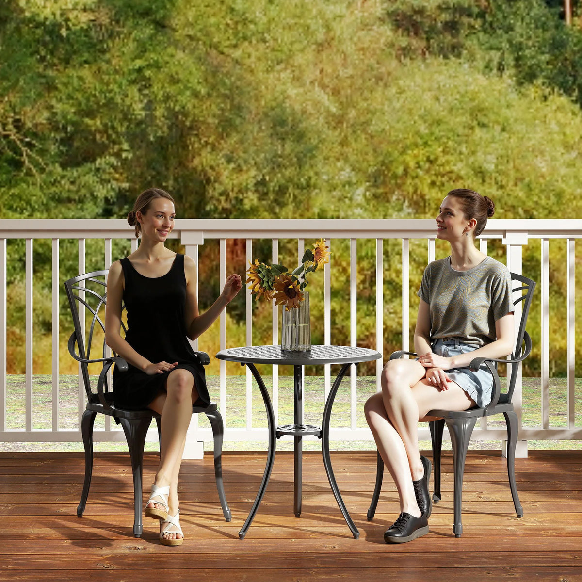 3 Piece Cast Aluminium Garden Dining Set for 2 with Parasol Hole, Table and 2 Chairs, Brown