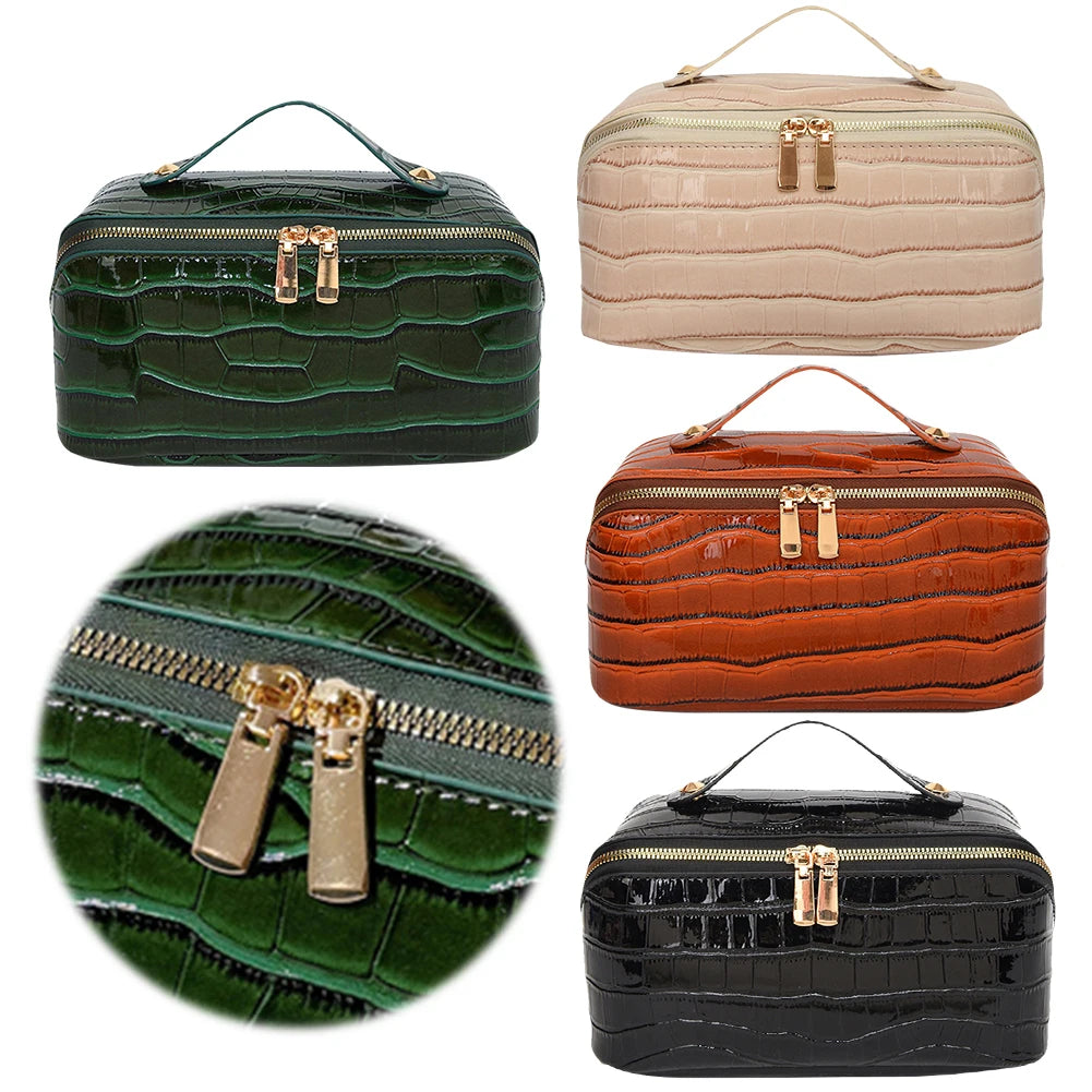 PU Leather Makeup Bag Multi Compartment Cosmetic Organizer Travel Toiletry Bag