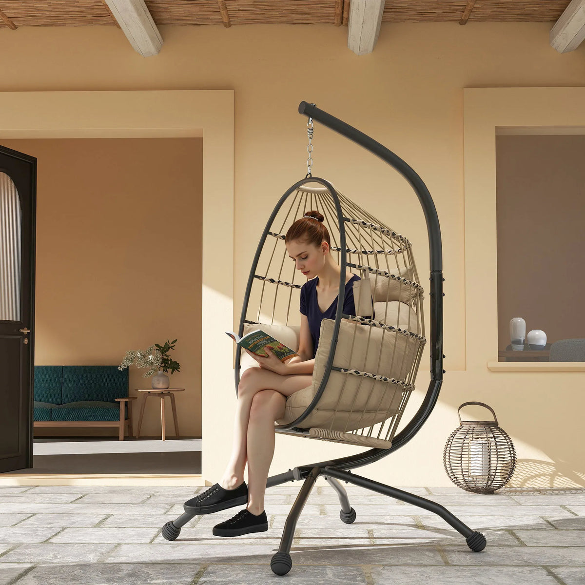 Hanging Egg Chair with Stand, Cup Holder and 20cm Cushion, Khaki
