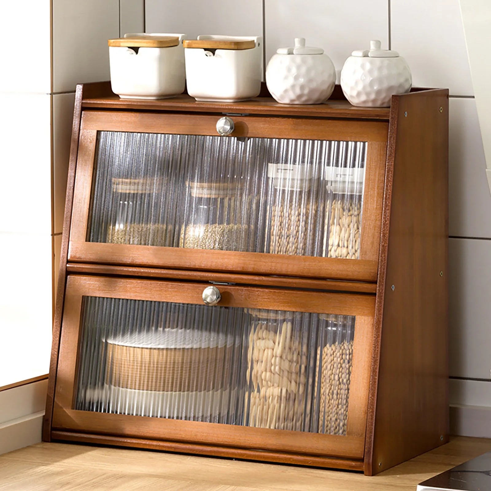 Bamboo Tabletop Storage Cabinet with Flap Door | 40x28x50cm Multi-Use Sideboard for Kitchen Bedroom Home