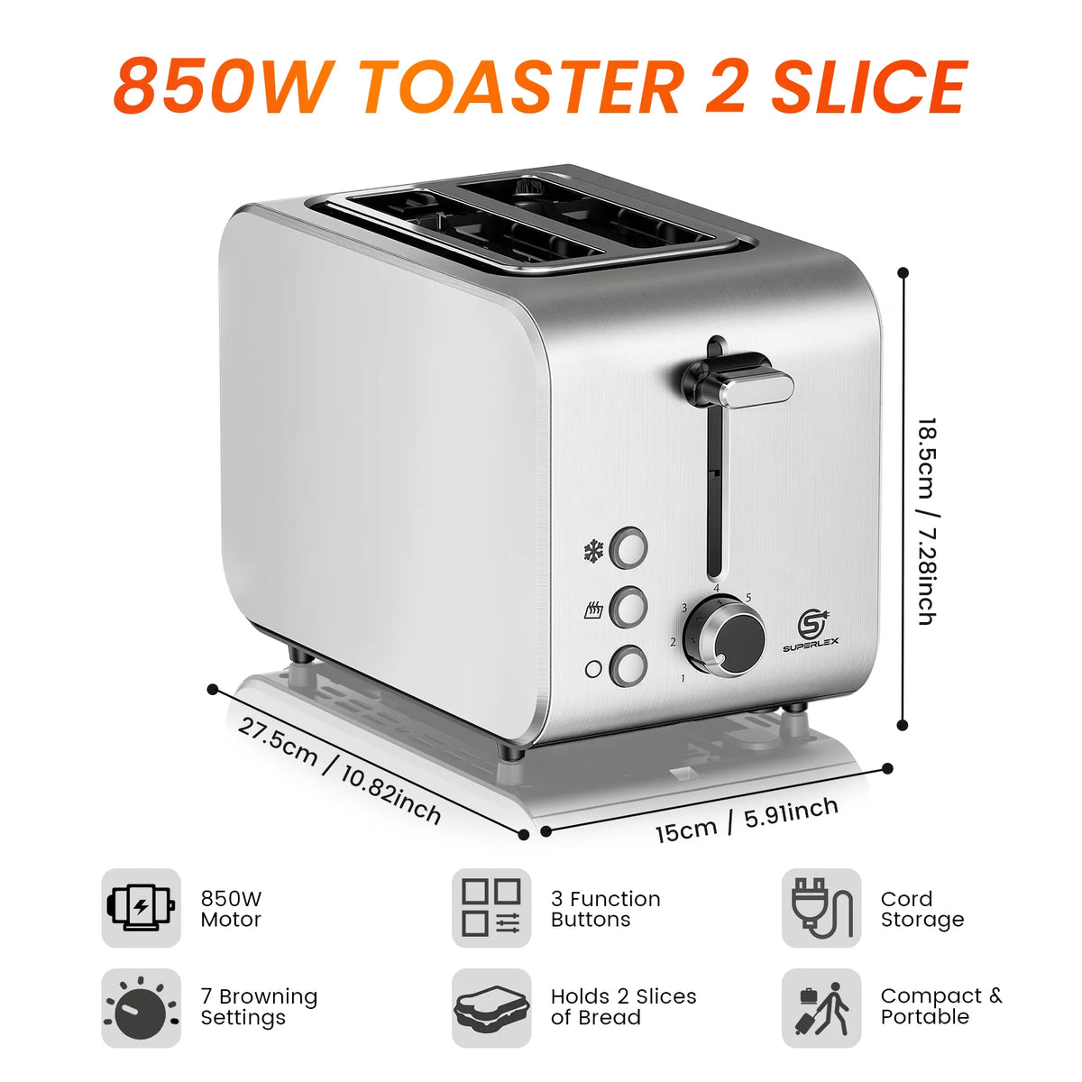 2 Slice Compact Toaster 850W Stainless Steel with 7 Browning Settings Defrost Reheat Function and Removable Crumb Tray