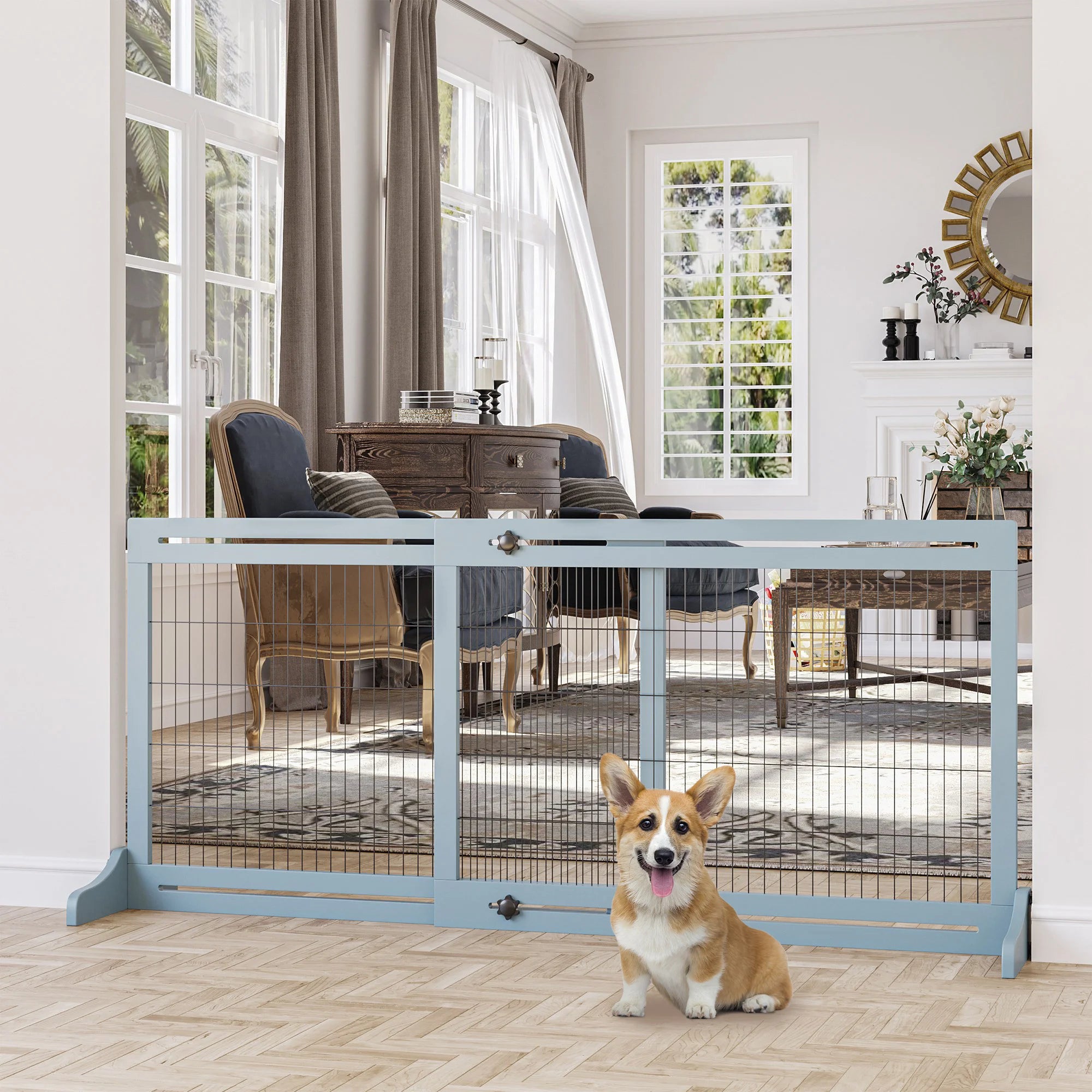 Adjustable Wooden Pet Gate Freestanding Dog Barrier for Doorway Hallway and Staircase for Small and Medium Dogs