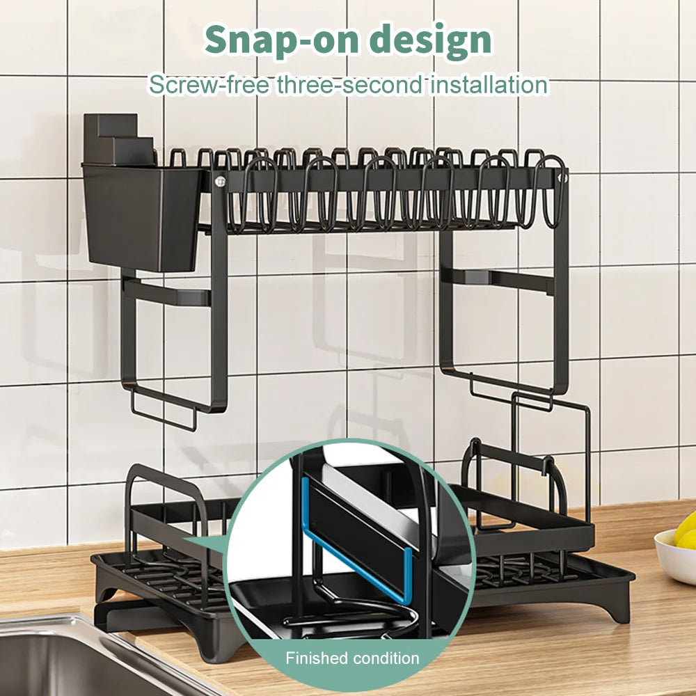 2-Tier Dish Drying Rack with Draining Tray and Cutlery Holder | Large Capacity Kitchen Countertop Storage Rack