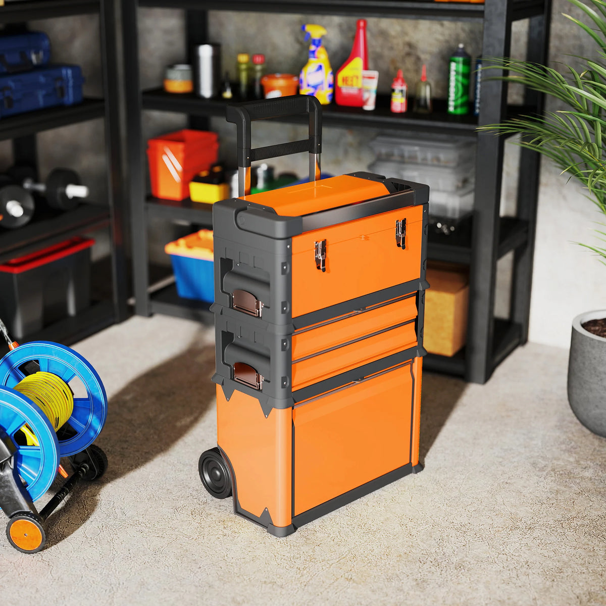 3-in-1 Stackable Rolling Steel Tool Box with Tray, Drawers and Telescopic Handle