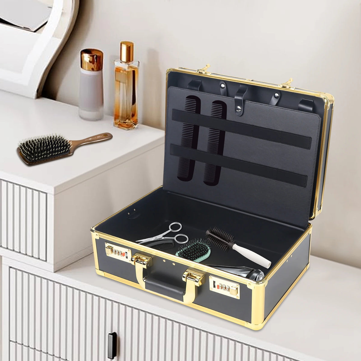 Large Makeup Case 40x16.5x27.5cm with 2 Combination Locks Fireproof Board and Metal 20kg Capacity Gold