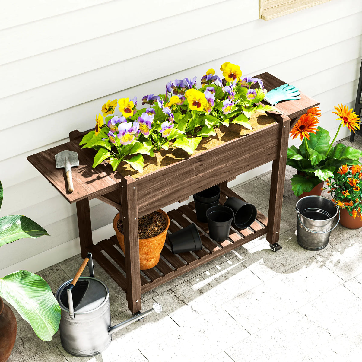 Raised Garden Bed, Wooden Elevated Planter Box with Lockable Wheels, Side Tables, Carbonised