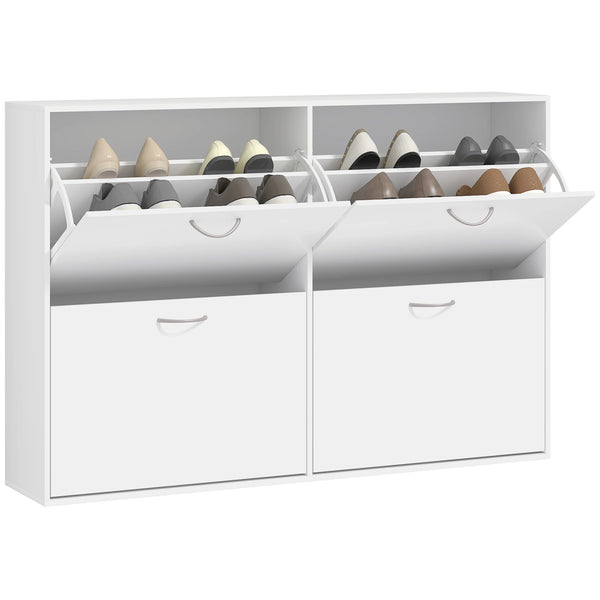 Wooden Shoe Cabinet with 4 Flip Down Drawers, Holds 16-24 Pairs, 120 x 24 x 81 cm, White