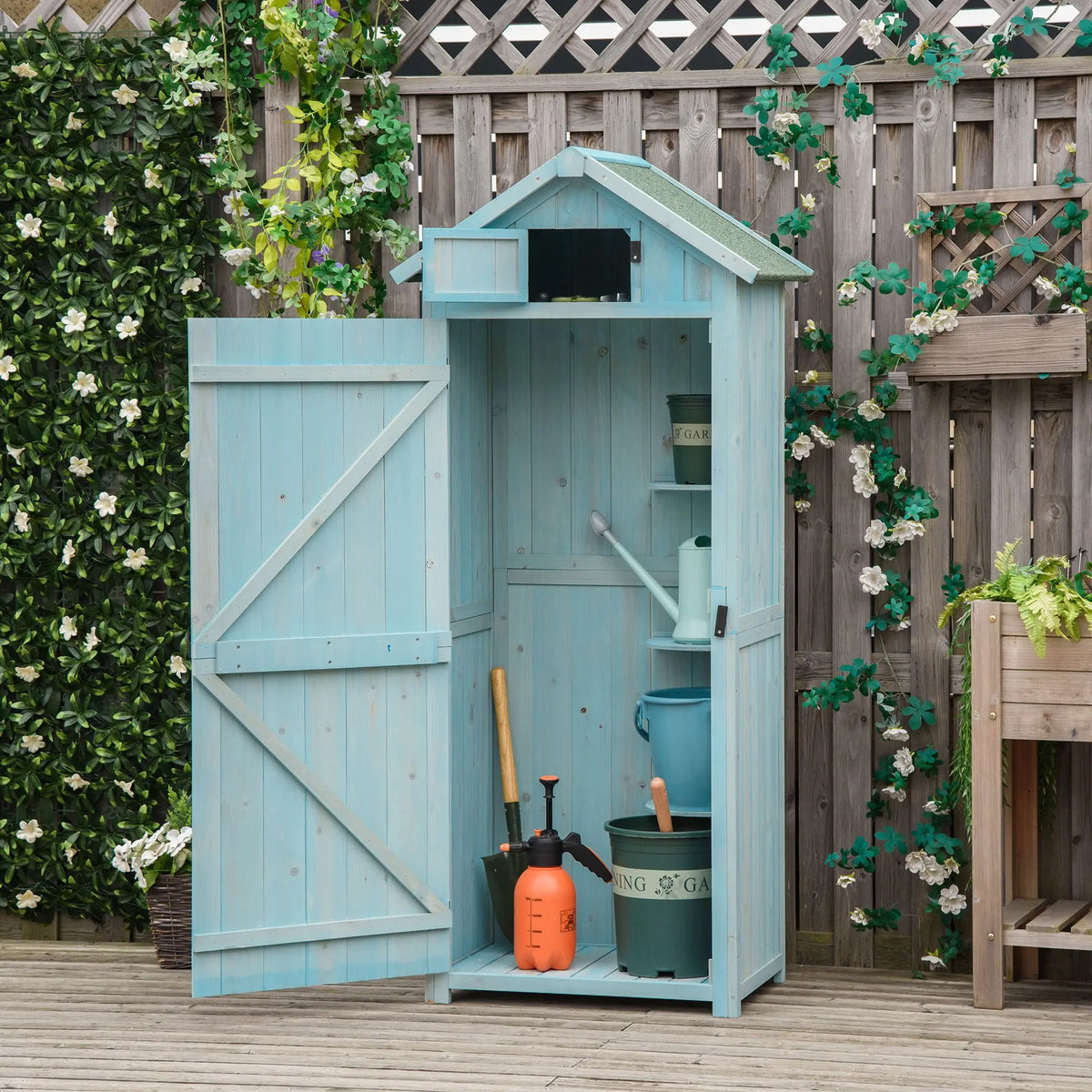 Wooden Garden Tool Shed with 3 Shelves, Blue