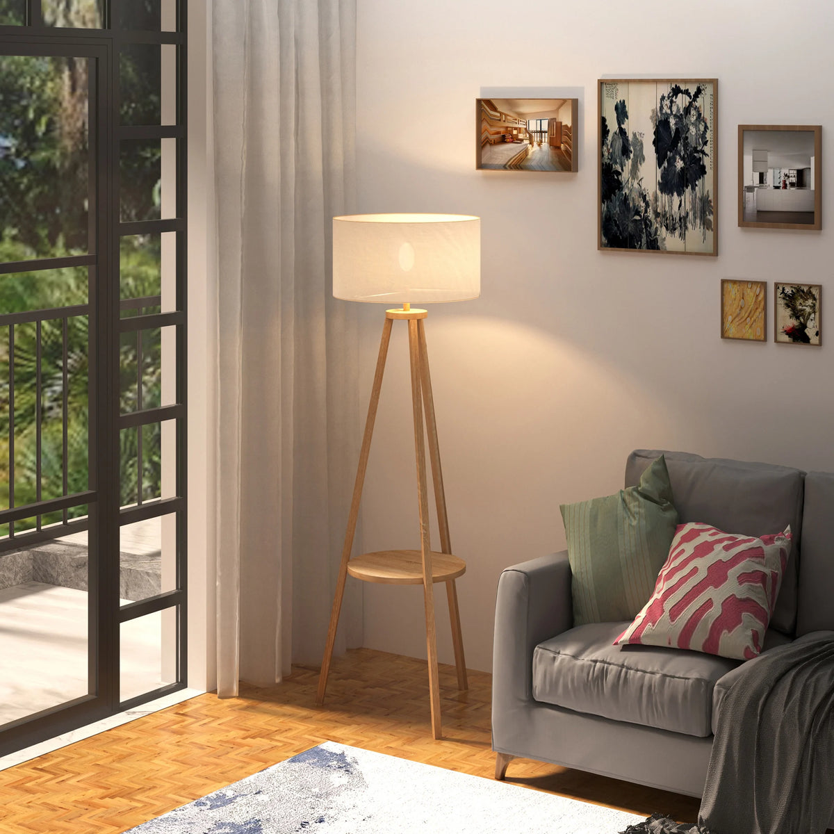 Wooden Tripod Floor Lamp with Storage Shelf and Linen Shade, Cream