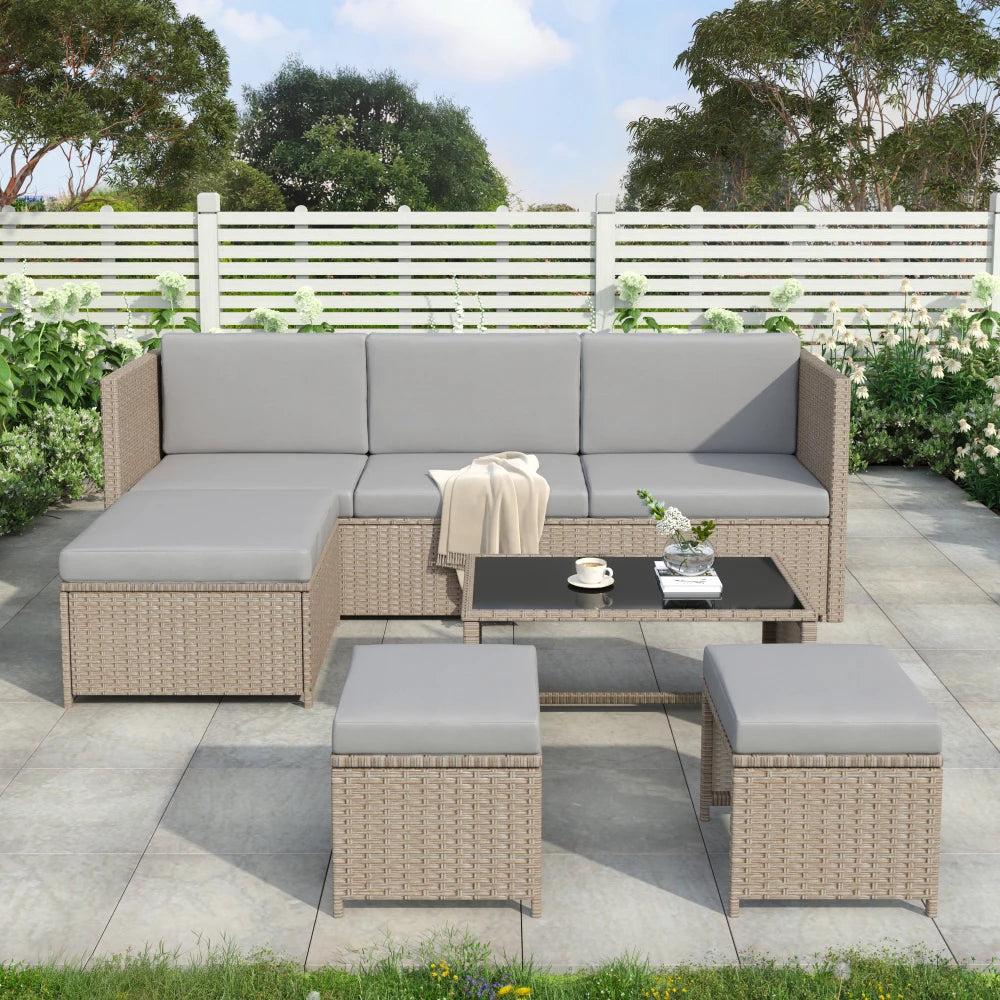 4-6 Seater Rattan Garden Lounge Set with Coffee Table, Khaki