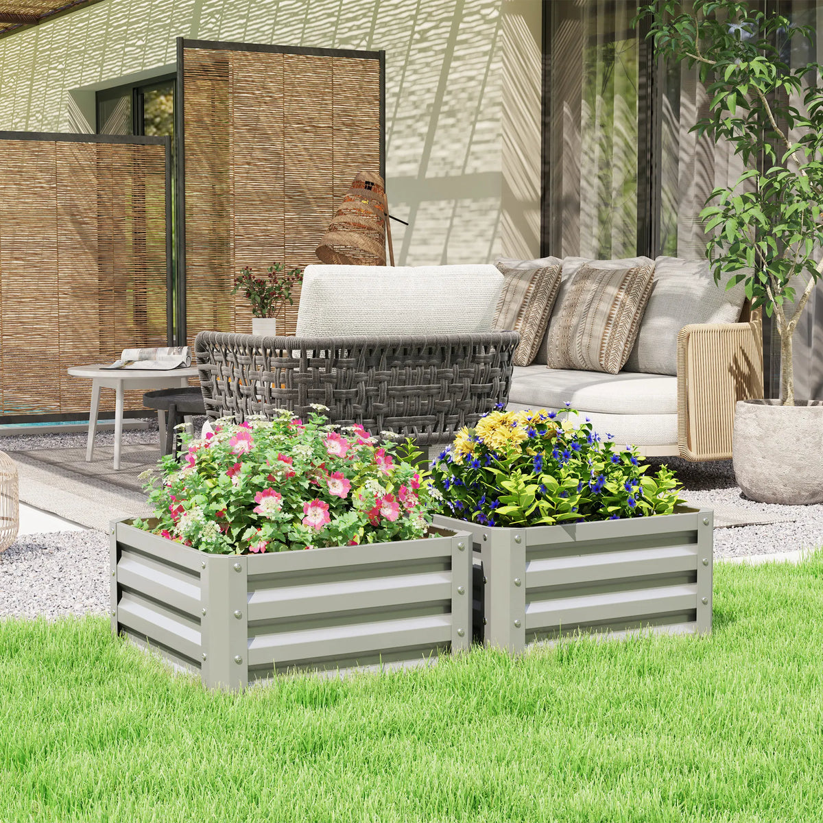 Set of 2 Raised Garden Beds, Galvanised Steel Planter Boxes, Easy Setup, Light Grey
