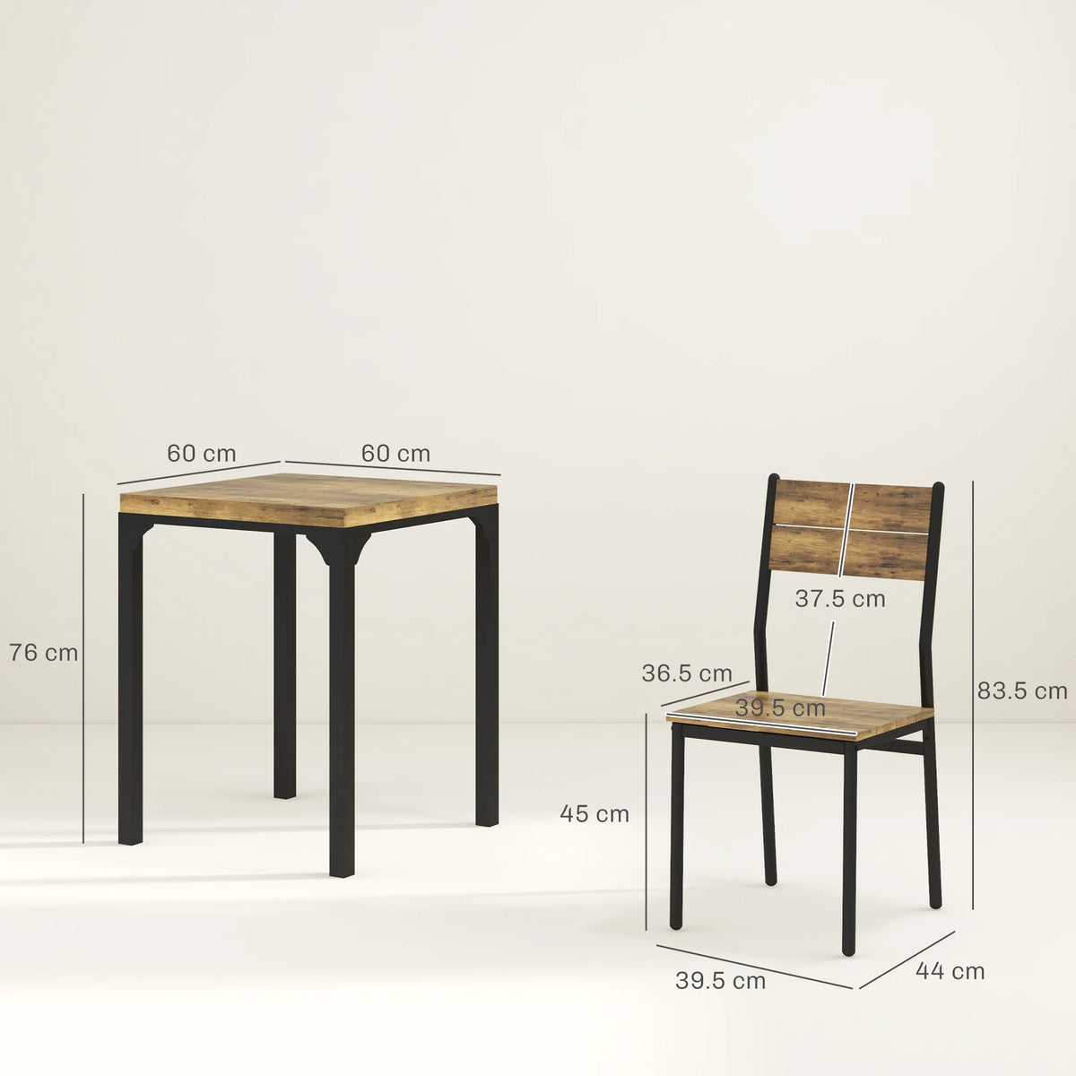3 Piece Compact Dining Table and 2 Chairs Set MDF Wood Effect Tops Powder Coated Steel Frames Rustic Brown