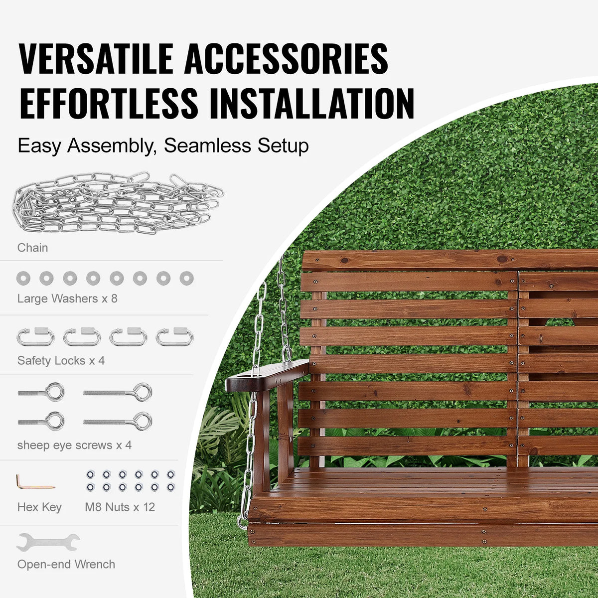 5FT Wooden Porch Swing Bench 880lbs Cedar Wood Steel Chains for Garden Courtyard Patio Outdoor