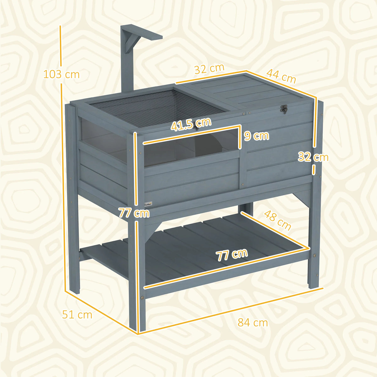 Wooden Tortoise House with Run, Shelter, Shelf & Lamp Holder, Grey