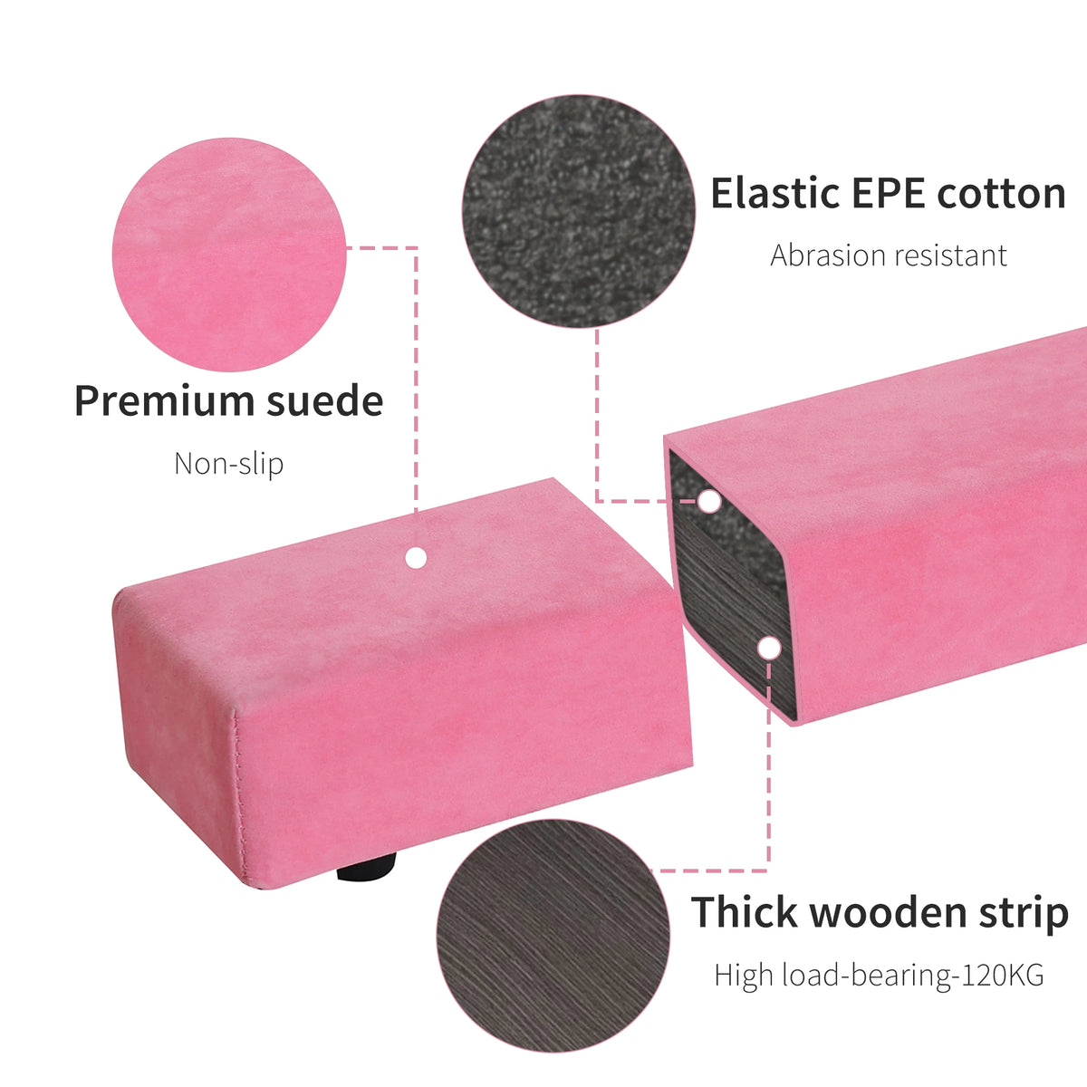 240cm Foldable Balance Beam Trainer, Gymnastics Practice Beam, Suede, Pink