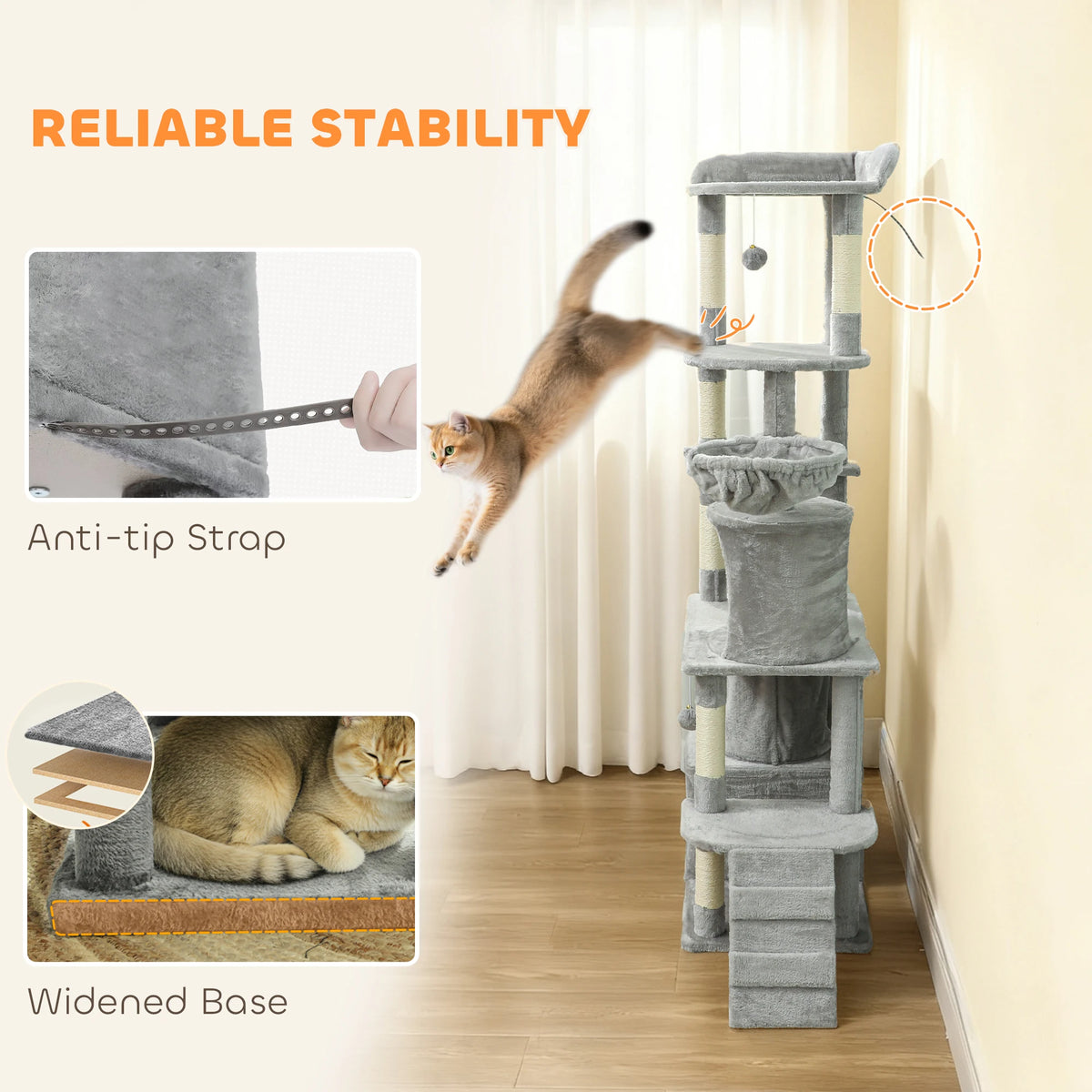 PawHut 170cm Large Cat Tree Tower 7 Scratching Posts Condos Hammock Tunnel Light Grey