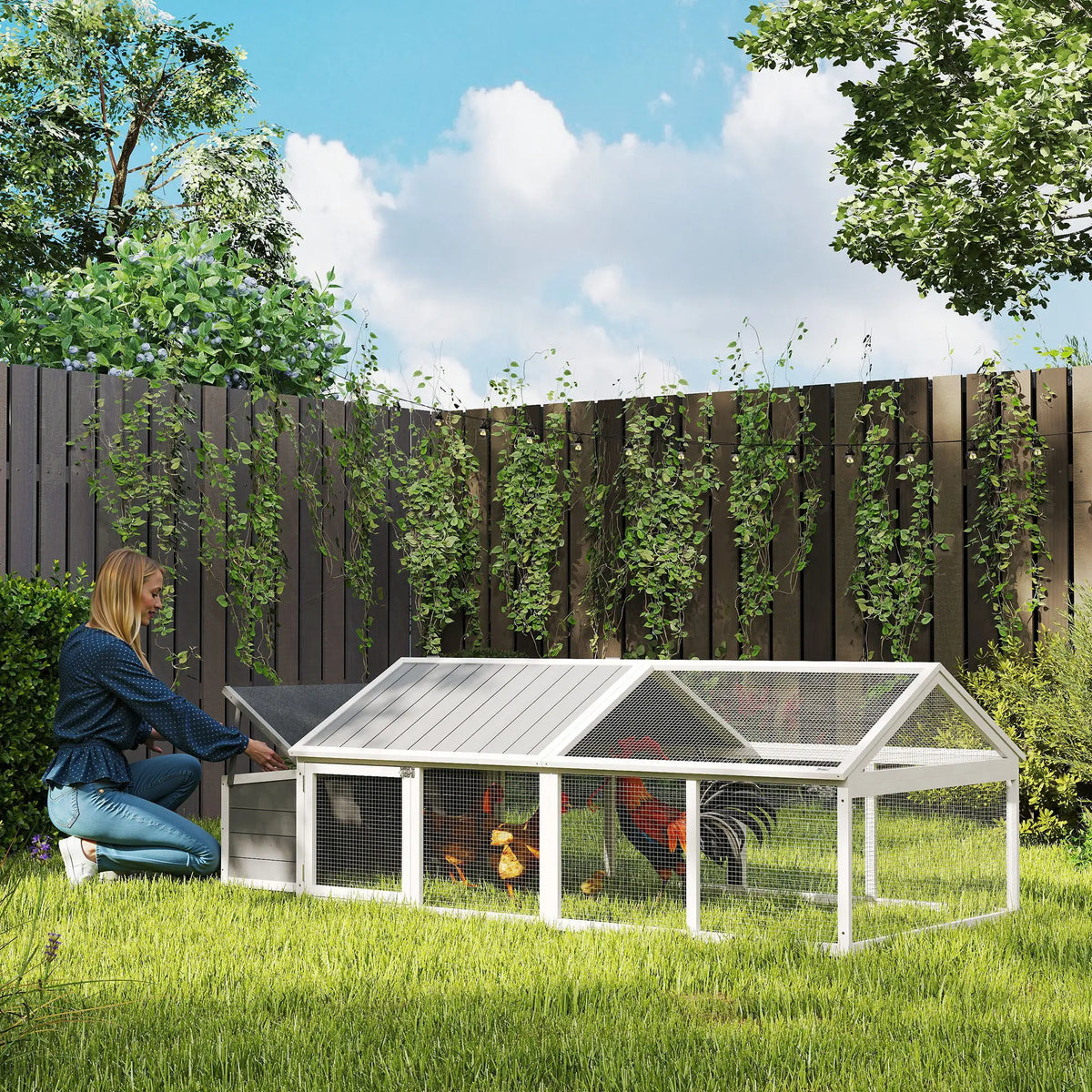 Chicken Run, Wooden Chicken Coop with Nesting Box, Openable Roof for 4-8 Chickens, Rabbits, Ducks, for Garden
