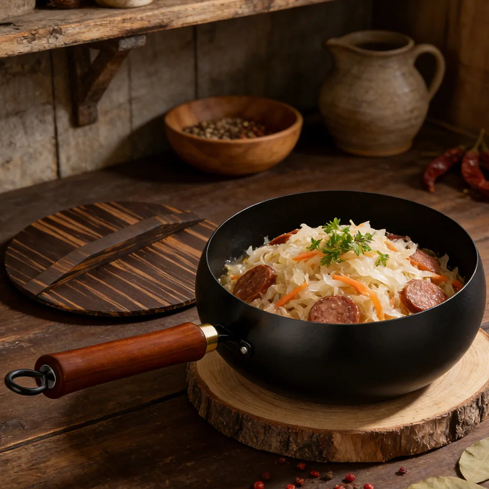 28cm Carbon Steel Wok with Wooden Lid and Beech Handle, Suitable for Induction and Gas