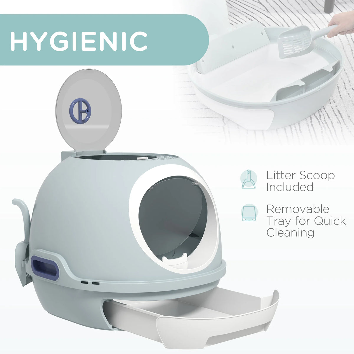 Capsule-Shaped Cat Litter Box with Front & Top Doors, Tile Blue