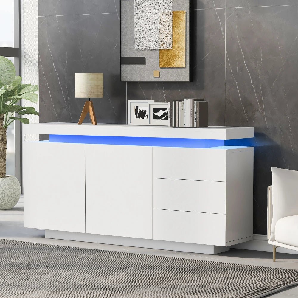 White Sideboard with LED Lights 2 Doors 3 Drawers High Gloss Push Open Living Room Storage Cabinet