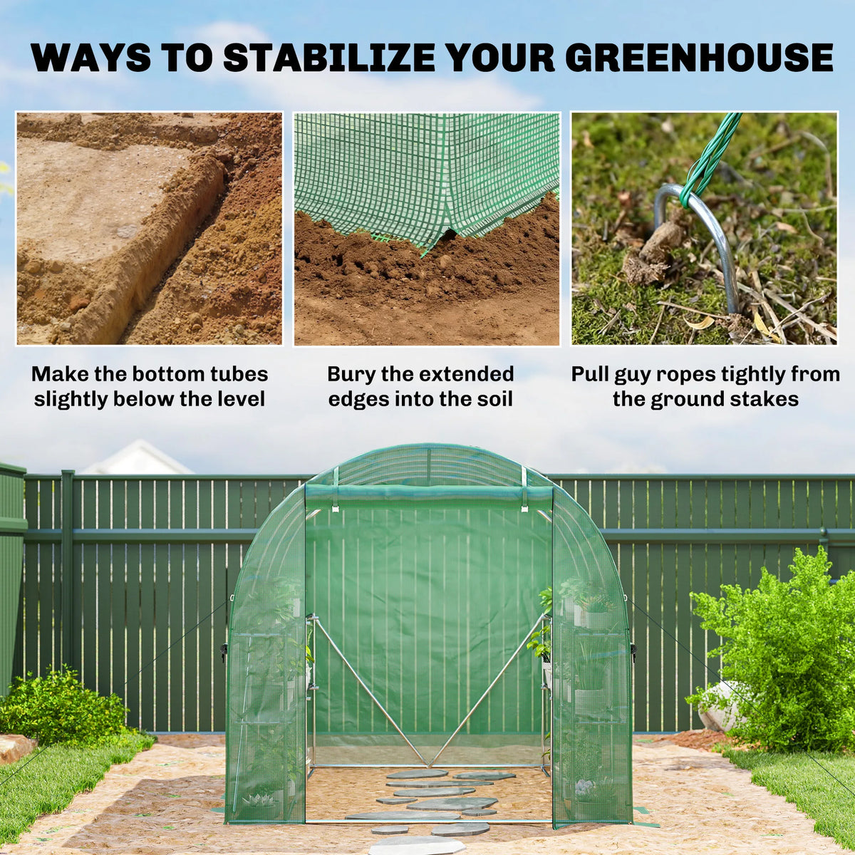 Walk-In Polytunnel Greenhouse with Shelves, Roll-Up Door and Mesh Windows, Green