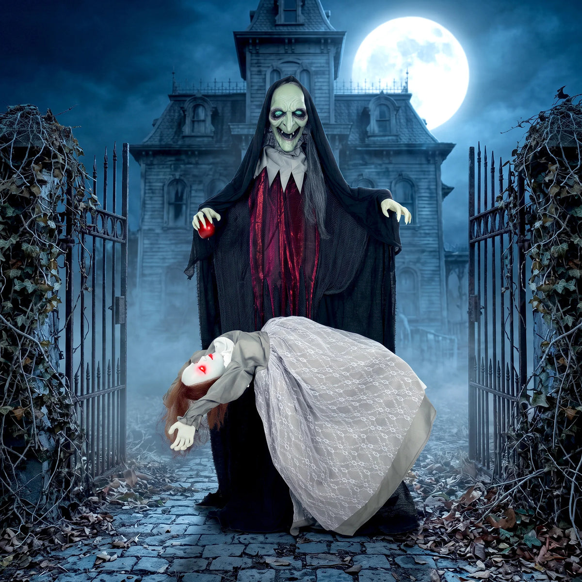 Floating ghost element rising above an animated Halloween witch prop