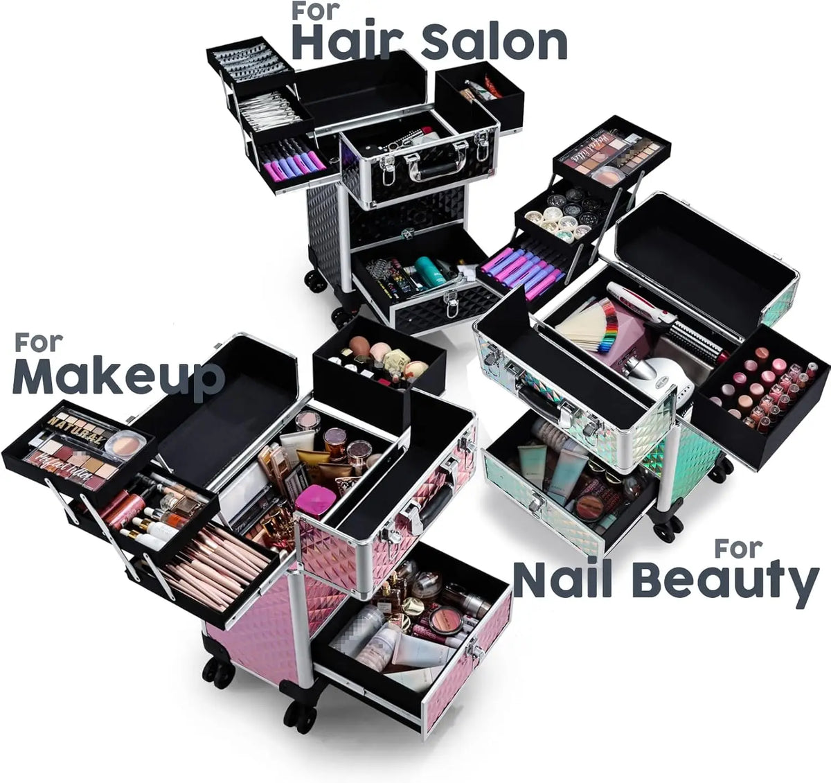 Rolling Makeup Case with Slide Out Drawer and 4 Trays 36-55L PVC Cosmetic Trolley for Salon and Travel
