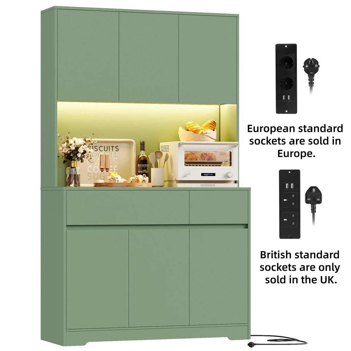 180cm Tall Kitchen Cabinet with LED Lighting and Power Outlet | Sideboard with 6 Doors 2 Drawers and Adjustable Shelves