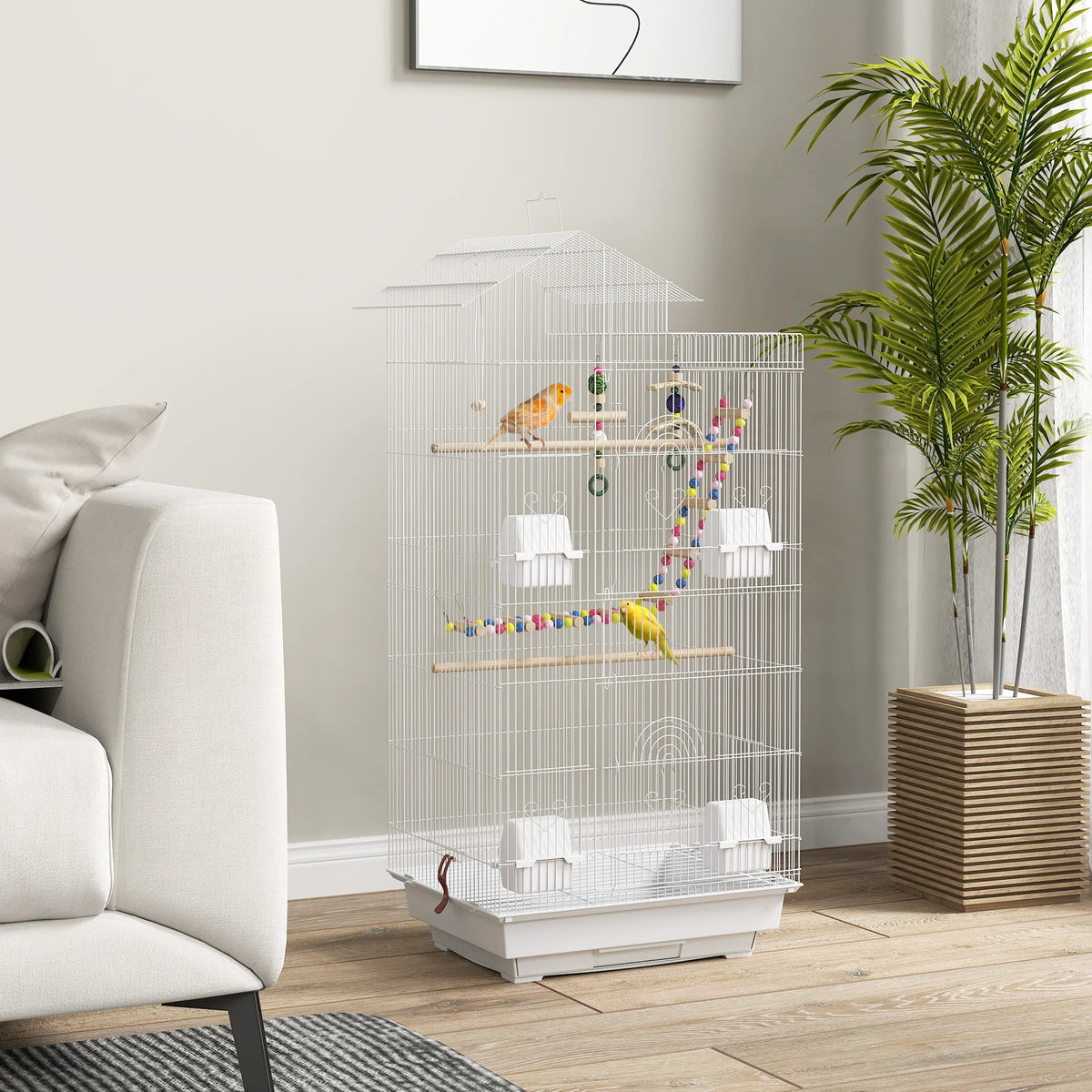 Tall Bird Cage for Budgies Finches and Canaries with Swing Ladder Toys Perches and Removable Tray White